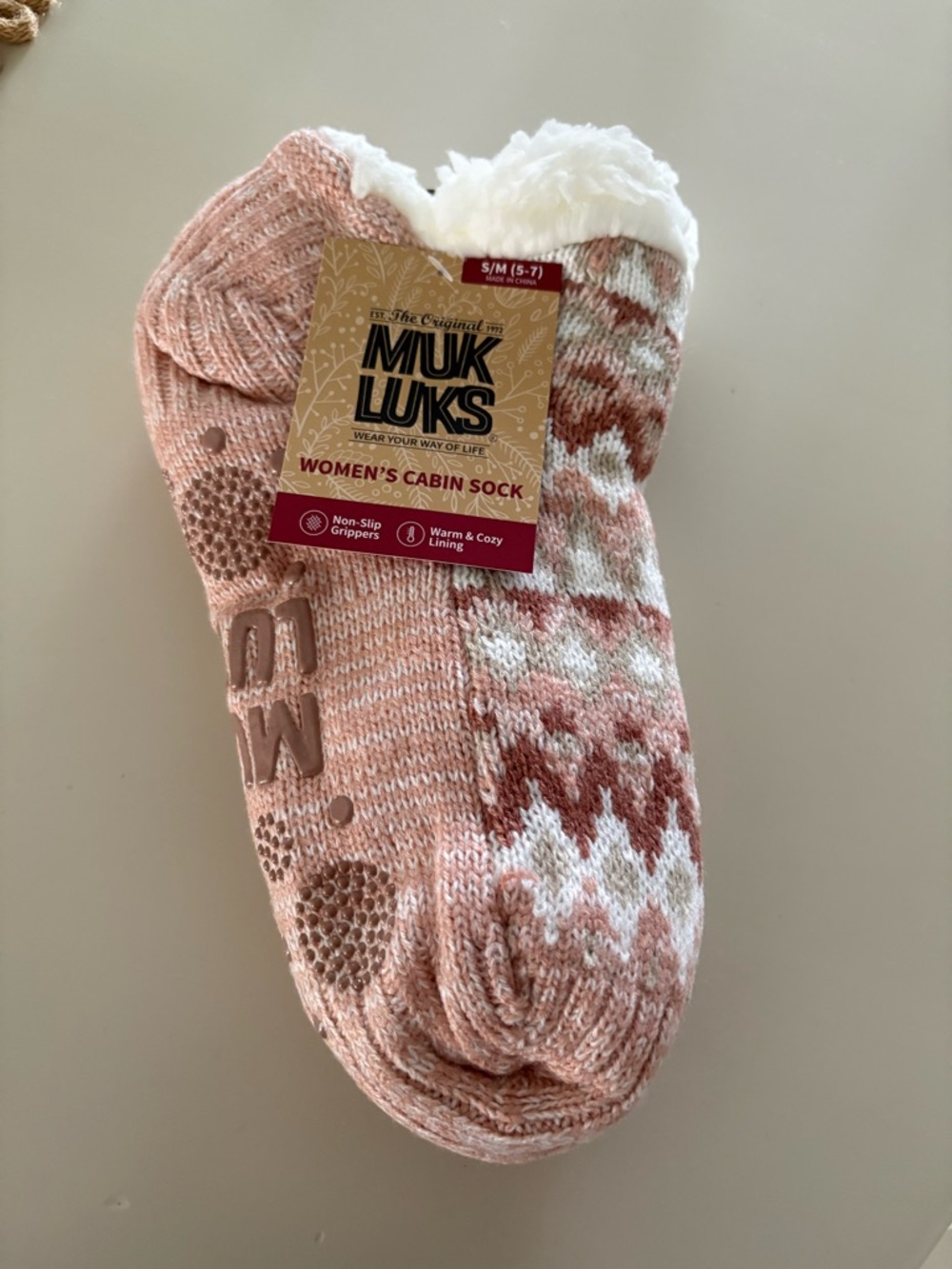 Muk Luks Pink, White & Brown Patterned Plush-Lined Cabin Socks - Picture 3 of 3